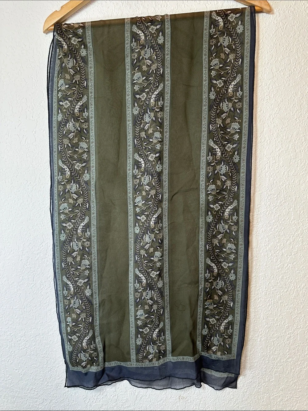 Giorgio Armani Olive Green and Blue Floral Stripe Scarf